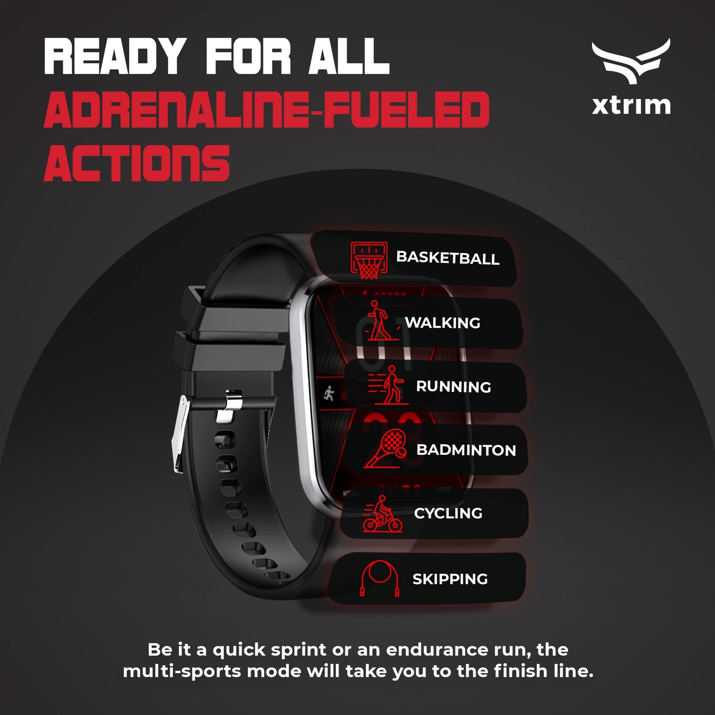 Xtrim Stride X.211 Smartwatch with SpO2 Tracking, 1.69" Colour Touch Screen, 220 mAh Battery, Waterproof IP67, Multi-Sport Modes, Detachable Straps | Works with DaFit Application (Black)