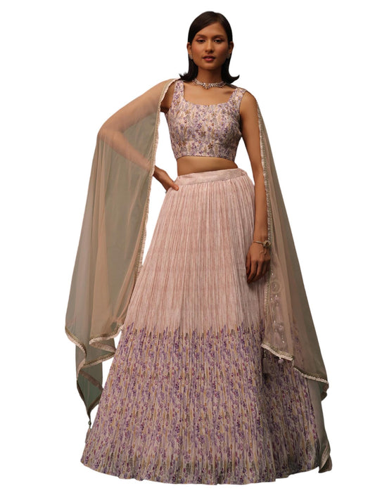 Zeel Clothing Womens Georgette Semi-stitched Digital Print Mirror Hand Work Lehenga Choli with Dupatta (5100-Beige-Wedding-Stylish-Lehenga-Choli; Free Size)
