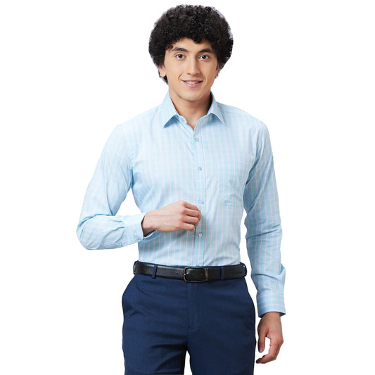 Raymond Men's Slim Fit Structured Formal Shirt - Pure Cotton, Full Sleeve, Semi Cutaway Collar | Medium Blue