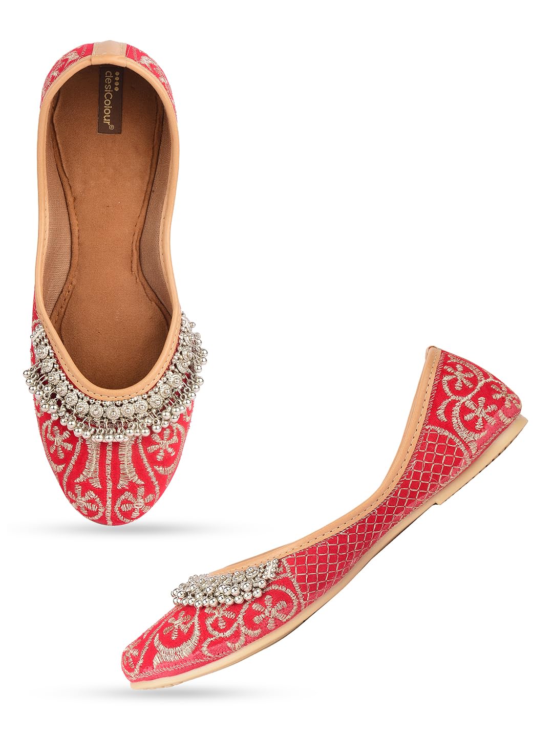 DESI COLOUR Flat Footwear/Mojari/Punjabi Jutti/Bellies for Women - Red Embroidered Gungroo (7)