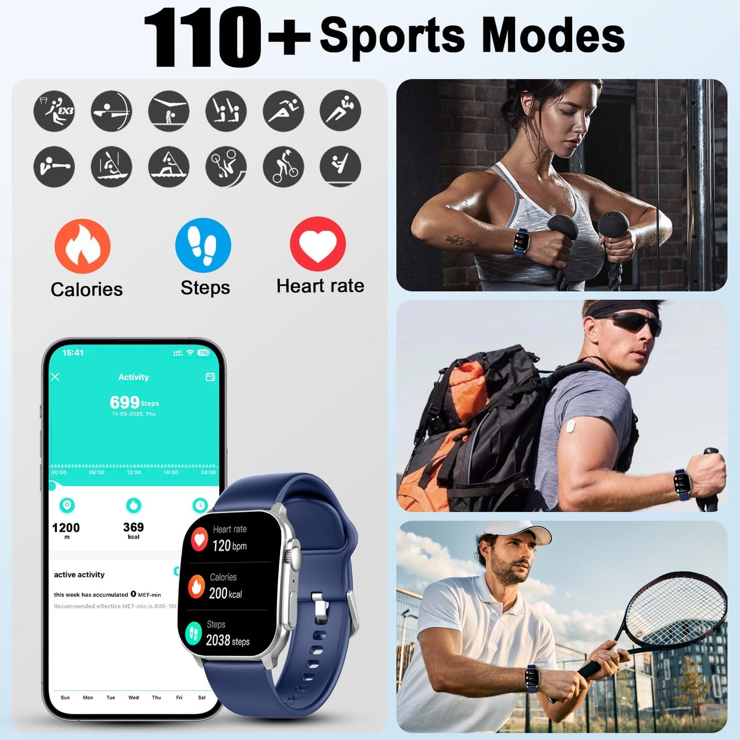 Cillso Smart Watch, 2.01''HD Smart Watch for Women Men, 110+ Sport Modes, Bluetooth Answer/Calls, IP68 Waterproof, Fitness Tracker, Fit for Android and iPhone, Blue