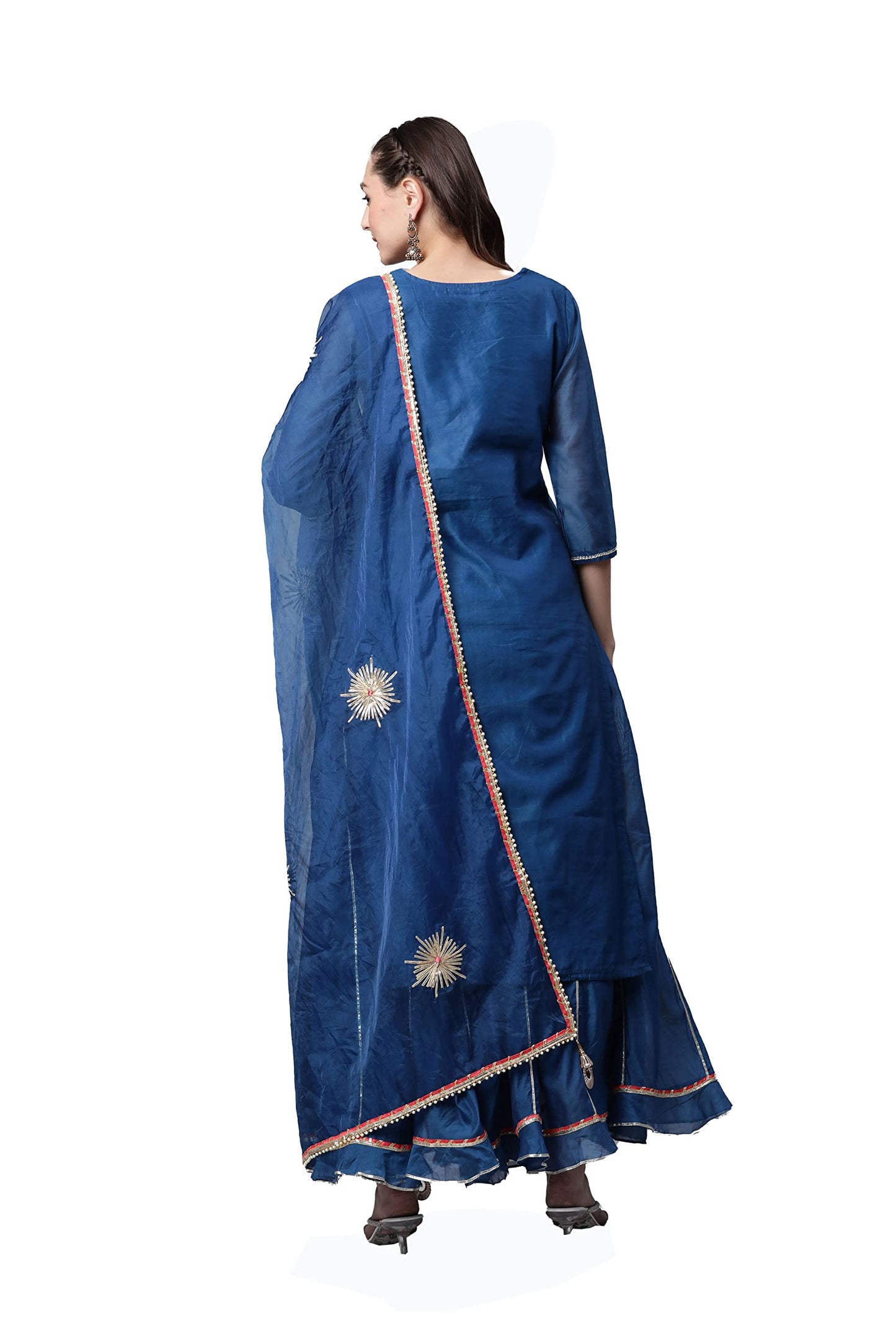 Divena Blue Solid Chenderi Kurta Skirt Set with Dupatta-DK0739-5XL