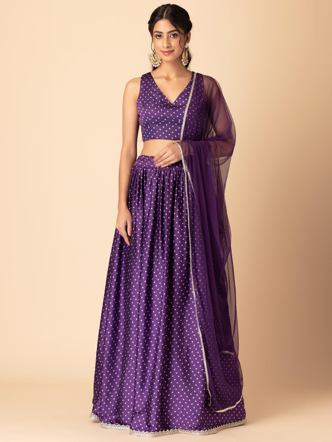 Indya Women's Satin Lehenga Sets (ICD00452_Purple_L)