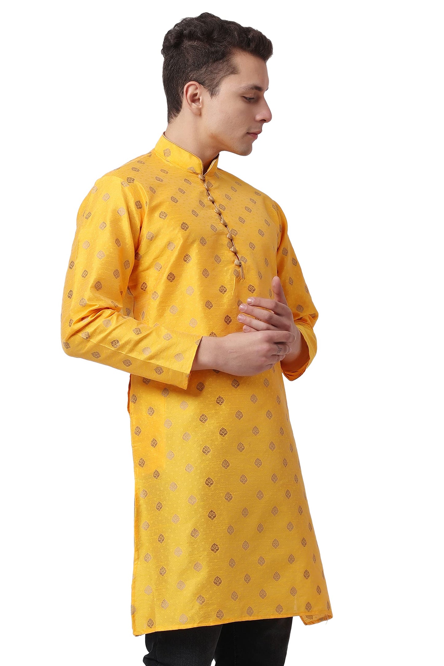 Royal Kurta Mens Cotton Silk Ethnic Loop Button Ganesh Print Kurta (42, Mustard)