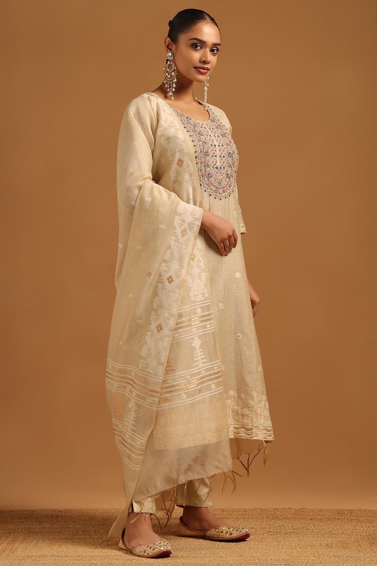 Soch Womens Beige Linen Floral Salwar Suit With Thread Work