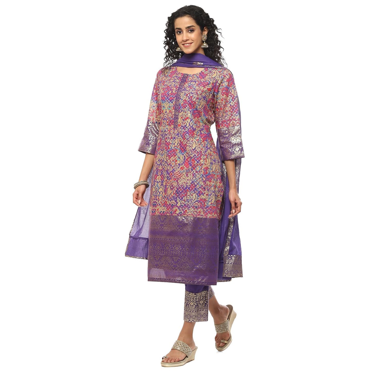 BIBA WOMEN PRINTED STRAIGHT SALWAR KURTA DUPATTA(SKDASSORTED7566E_PURPLE_38)