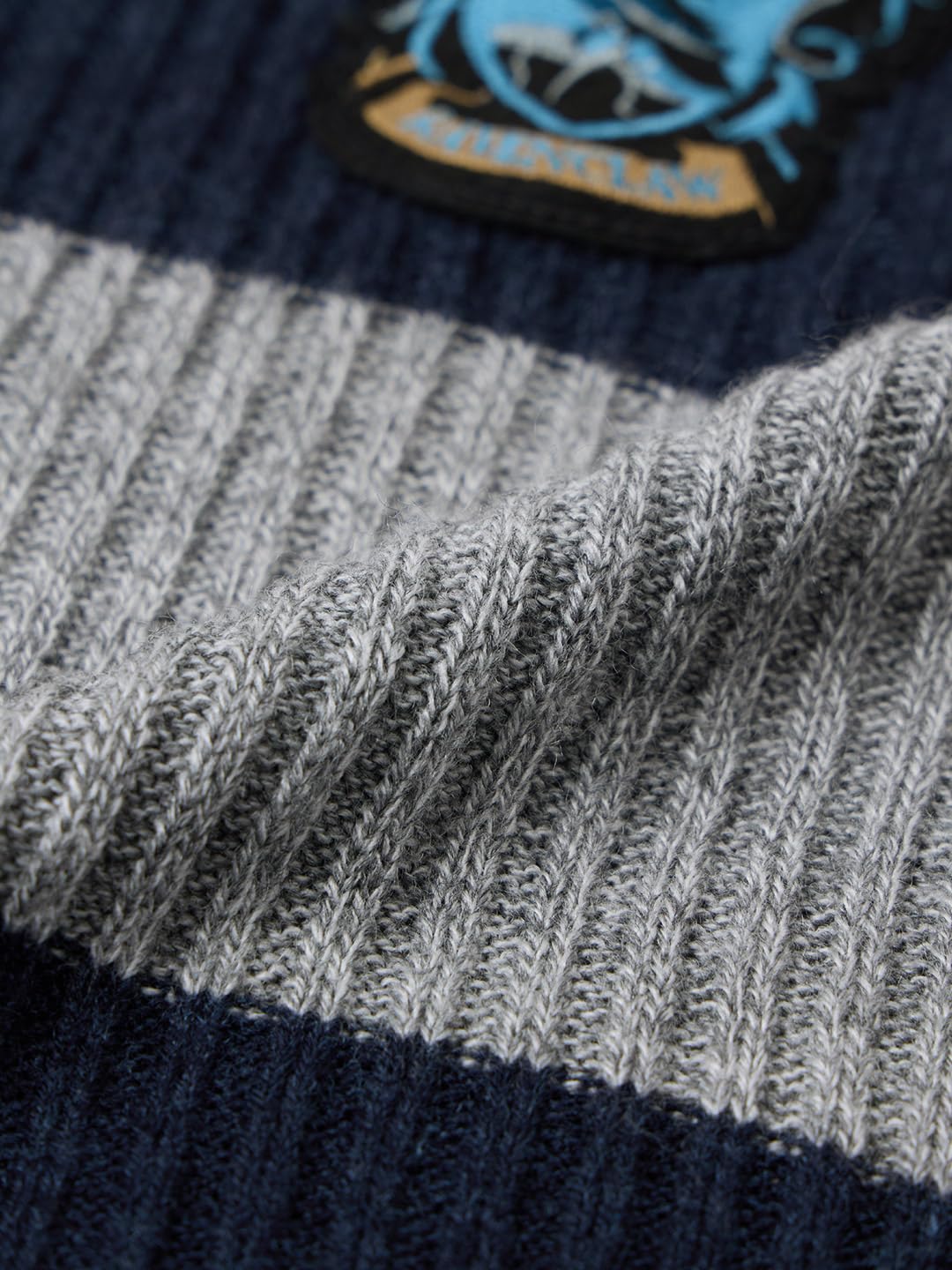The Souled Store Harry Potter: The Thinkers Women and Girls Full Sleeves Round Neck Navy Grey Striped Acrylic Oversized Fit Ravenclaw Embroidered Winter Sweater
