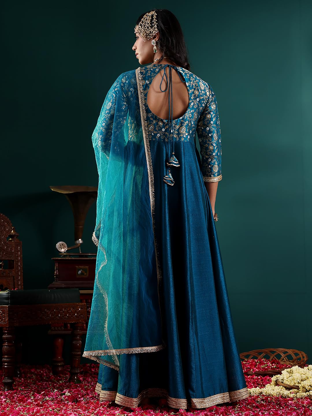 Varanga Women Zari Embroidered A-Line Kurta Set with Bottom & Dupatta – Exquisite Traditional Attire for Festive & Special Occasions