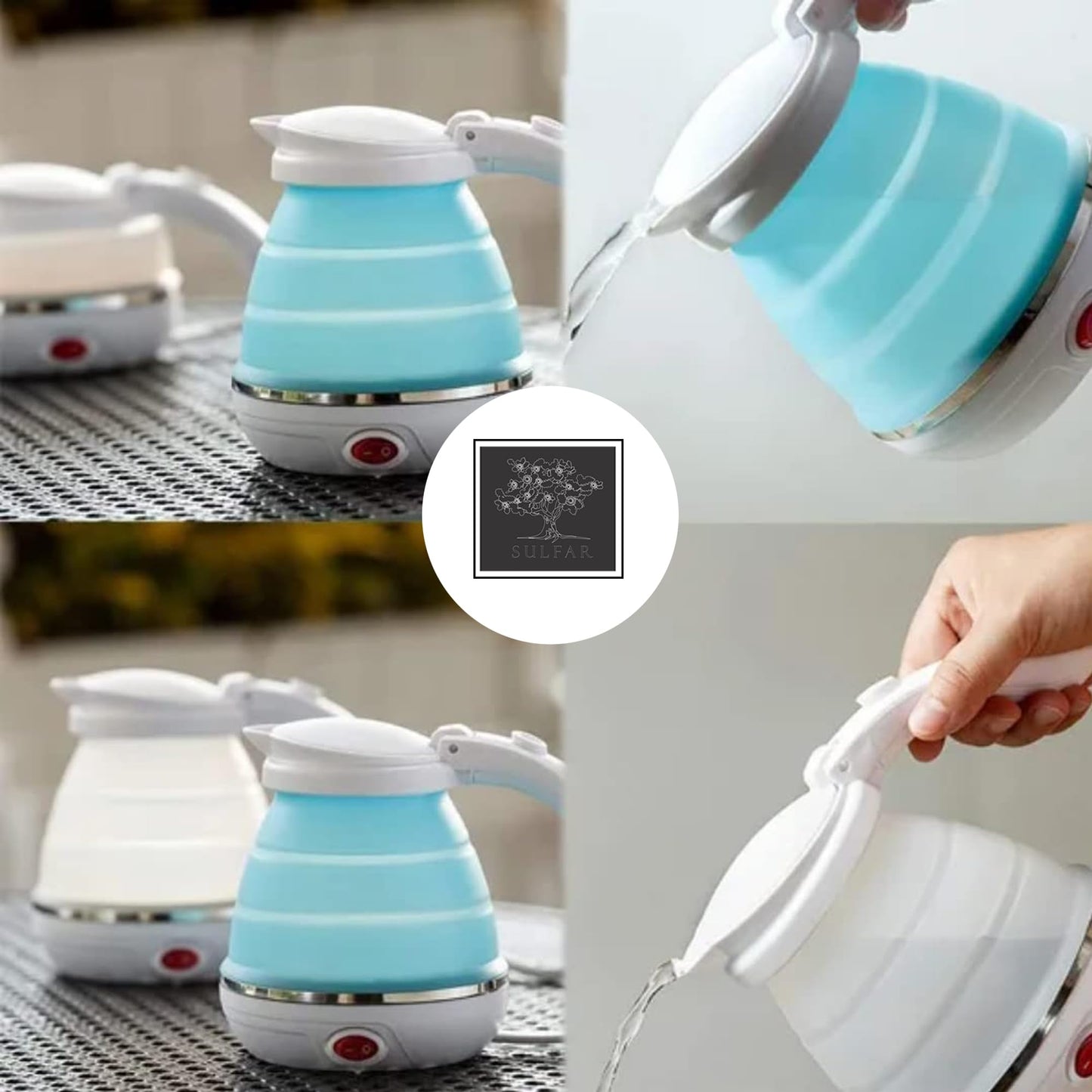 Sulfar Travel Foldable Fast Boiling Portable Electric Kettle - Silicone Food Grade Boil Dry Protection 220V -600ML for Most Travel and Home & Office Use (Blue/White/Pink)