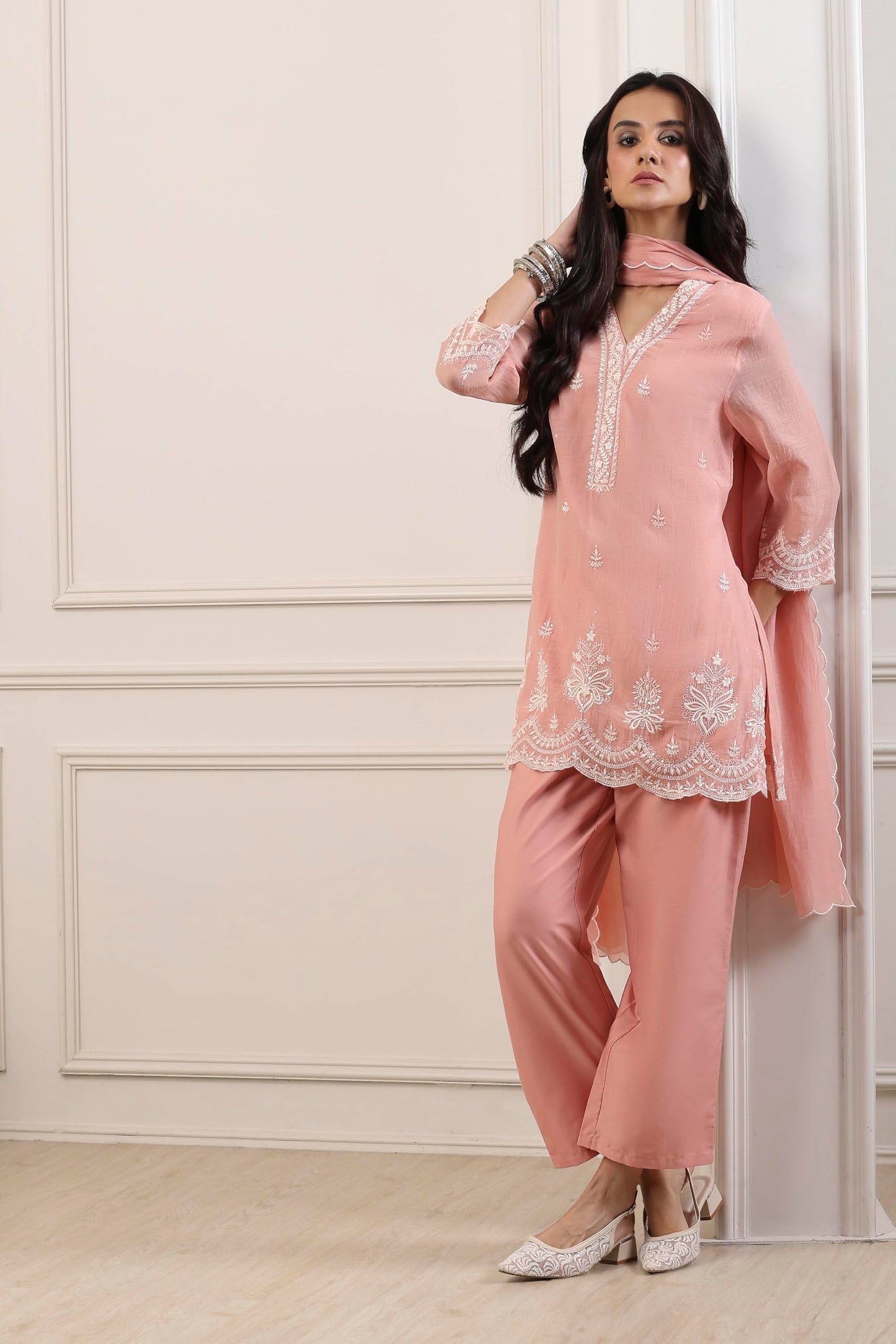 Biba Women Peach Silk Chanderi Straight Suit Set_38