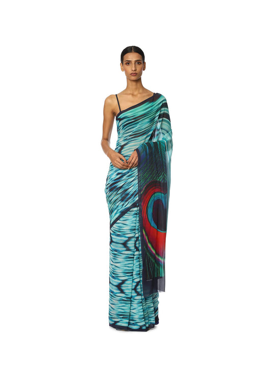 Satya Paul Georgette Blue Mist Printed Silk Sari