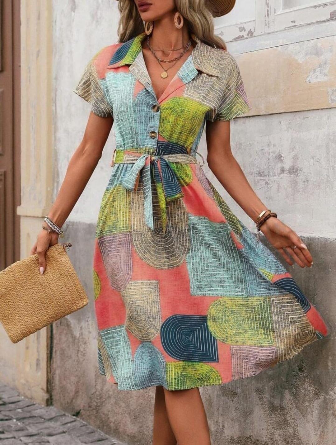 Gufrina Women's Short Sleeve Collar Neck Dress - Geometric Print Button-Down Midi Dress with Tie-Up Belt (in, Alpha, 5XL, Regular, Peach)