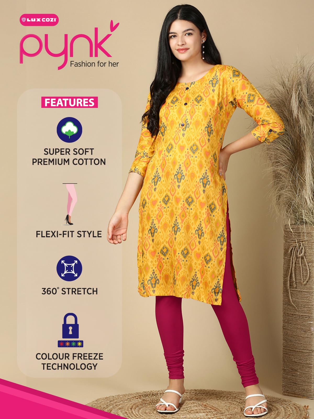 Lux Cozi PYNK Solid Premium Cotton Lycra Churidar Leggings for Women_COZI_PYNK_Churidar_89_FS_1PC