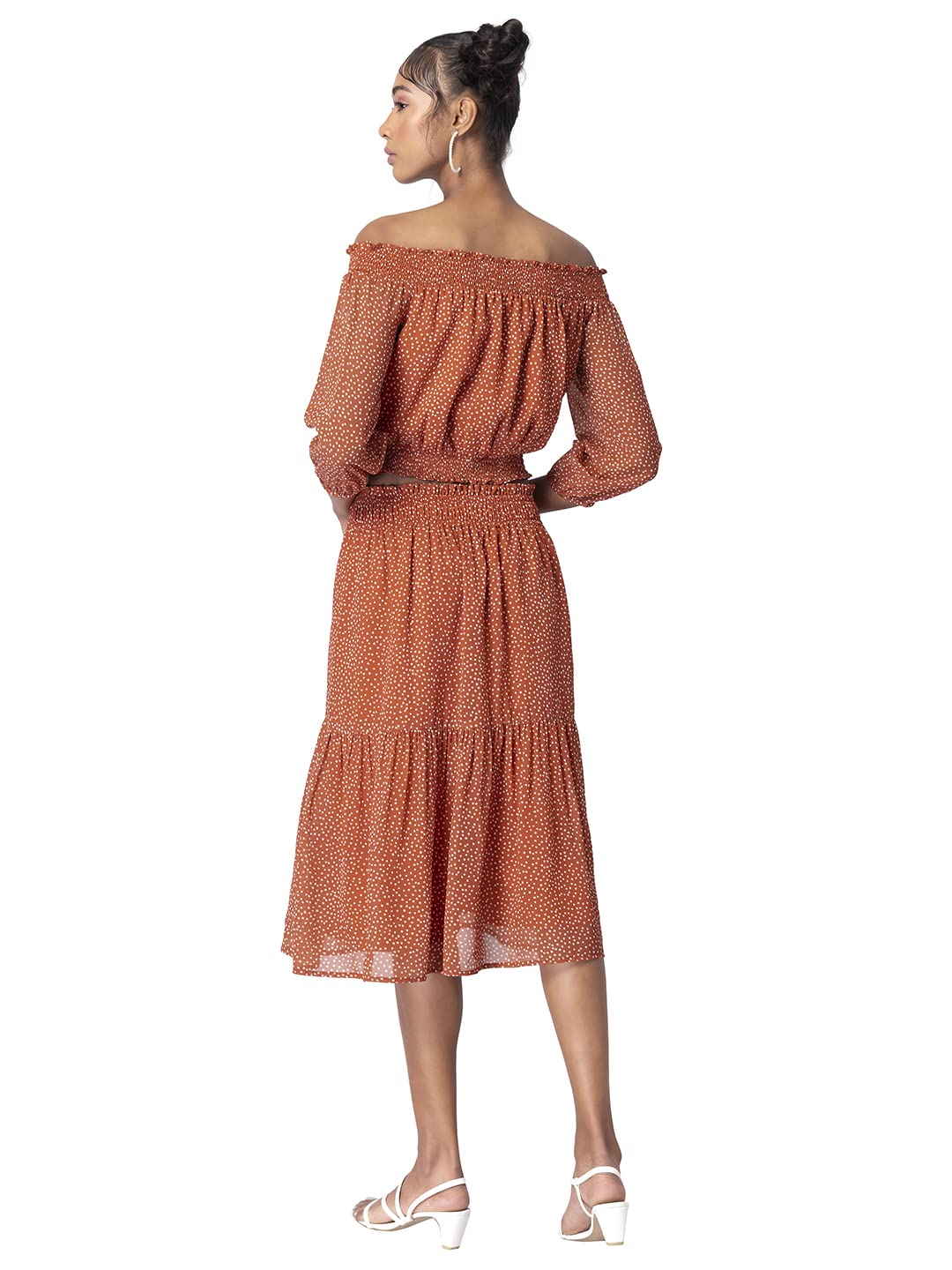 FabAlley Georgette Rust Polka Smocked Midi Skirt and Bardot Top Set