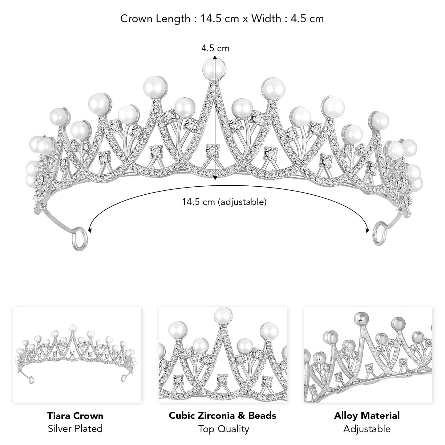 Peora Silver Plated Cubic Zirconia & Pearl Studded Princess Tiara Crown Hair Accessory for Girls & Women