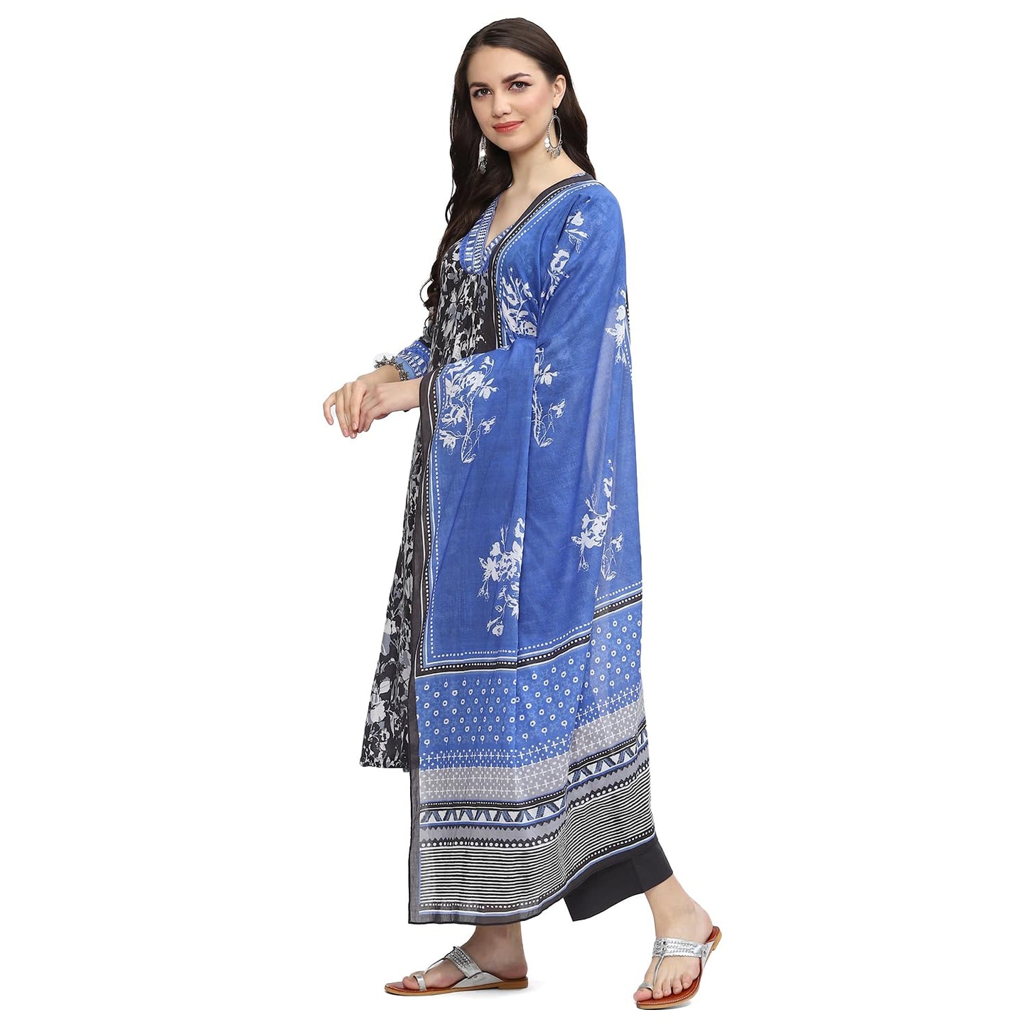 BIBA Women Rayon Printed Straight Salwar Kurta Dupatta(Skdassorted8948_Charcoal_38)