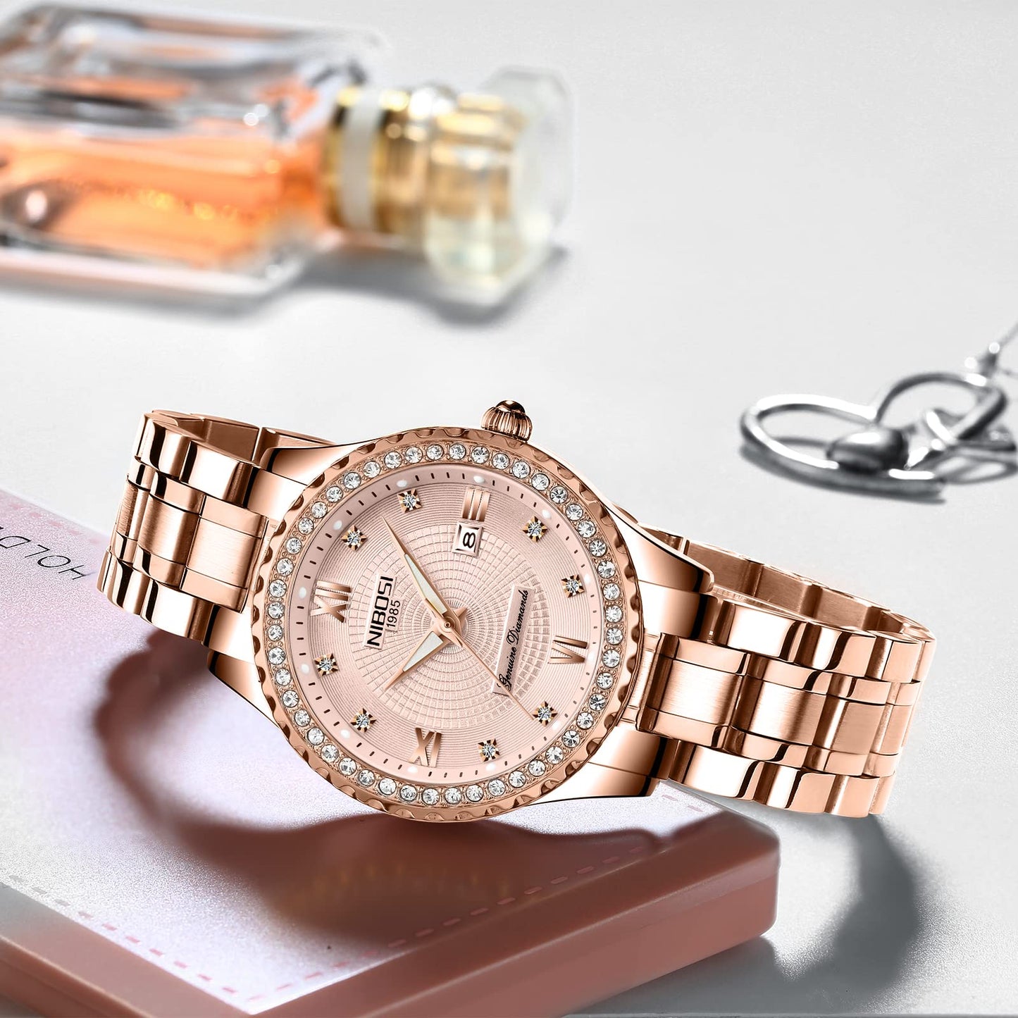 NIBOSI Women Watches Analogue Stainless Steel Wrist Watches Watches for Women's & Girls&Miss&Ladies Rose Gold Dial Gold Band Watch with Stylish Diamond Studded Watches