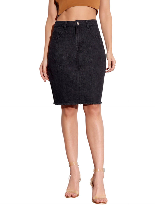 Miss Chase Women's Bodycon High Rise Above Knee Denim Skirt (MCAW25DEN62-73-972-32, Aronia Black, 32)