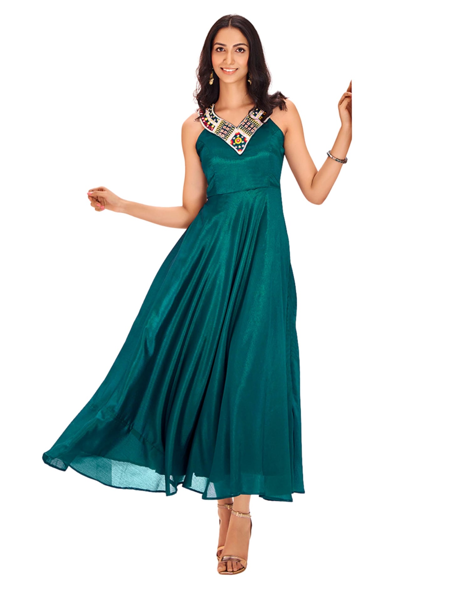 FUSIONIC Teal Silk Handworked Gown Dress