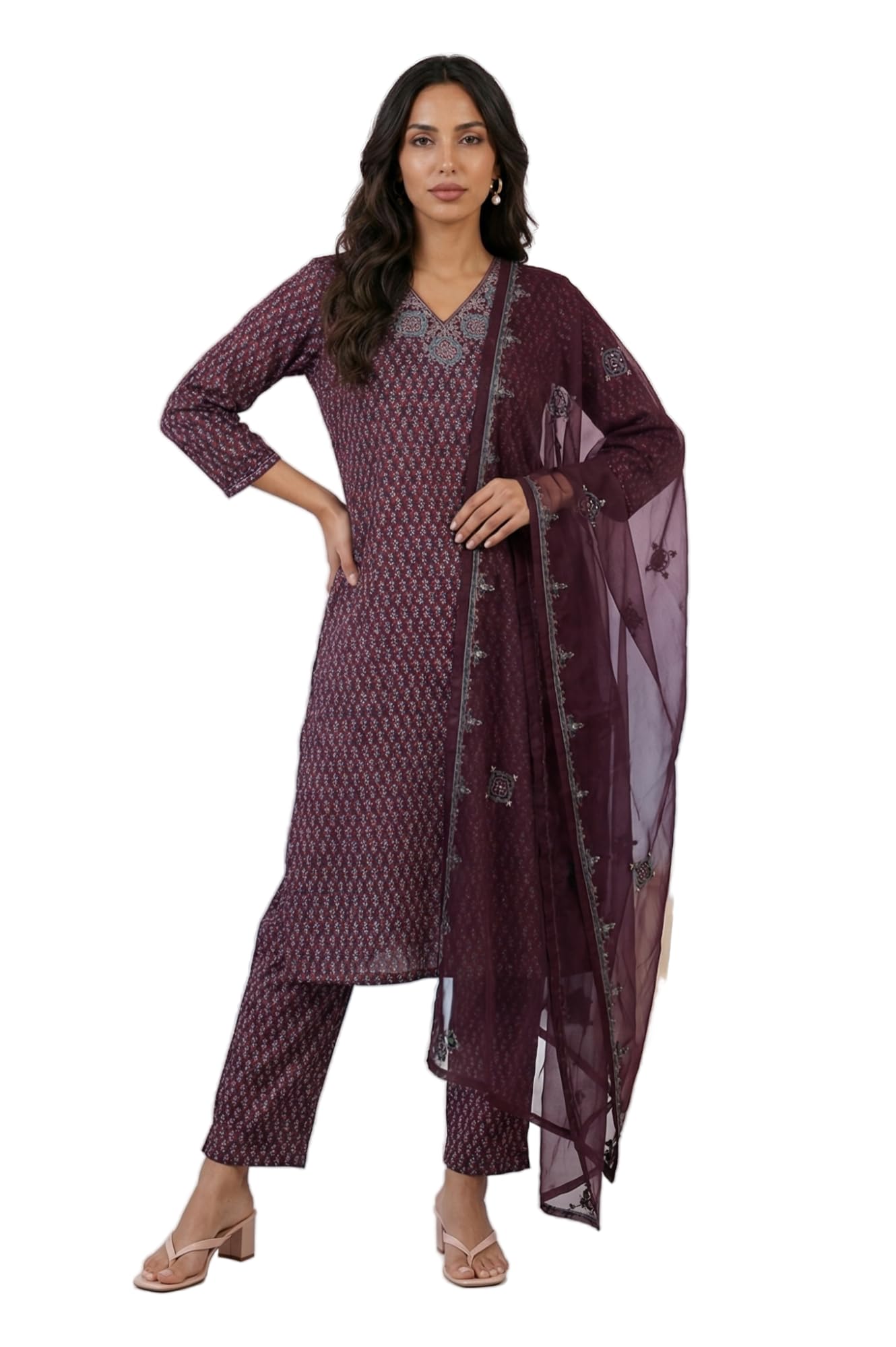 W for Woman Purple Floral Printed Embroidered Satin Straight Kurta with Pants and Dupatta Set - (WS13578-126546-XL)