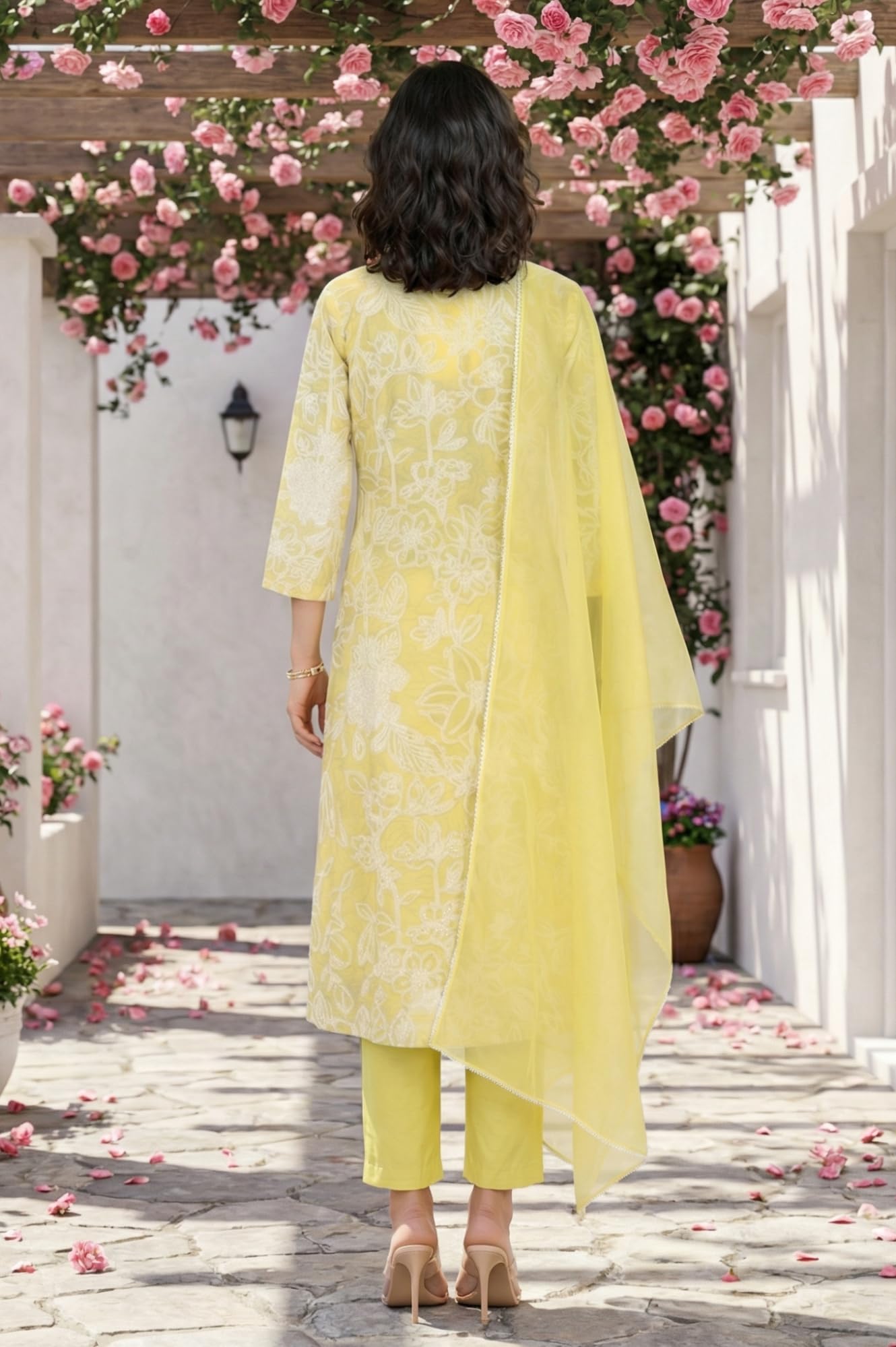 W for Woman Yellow Floral Printed Chanderi A-line Kurta with Pants and Dupatta Set - (WS12702-127279-S)