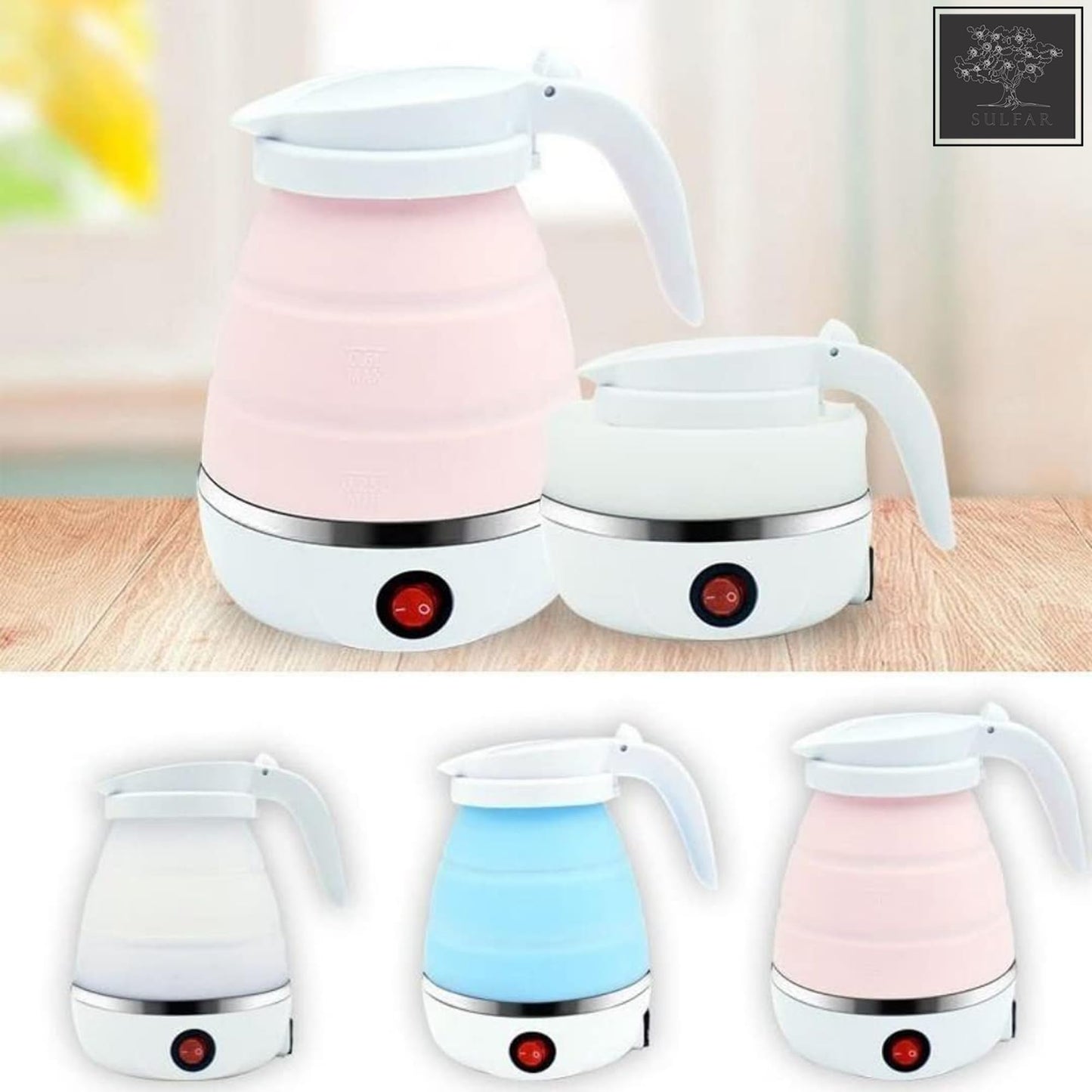 Sulfar Travel Foldable Fast Boiling Portable Electric Kettle - Silicone Food Grade Boil Dry Protection 220V -600ML for Most Travel and Home & Office Use (Blue/White/Pink)
