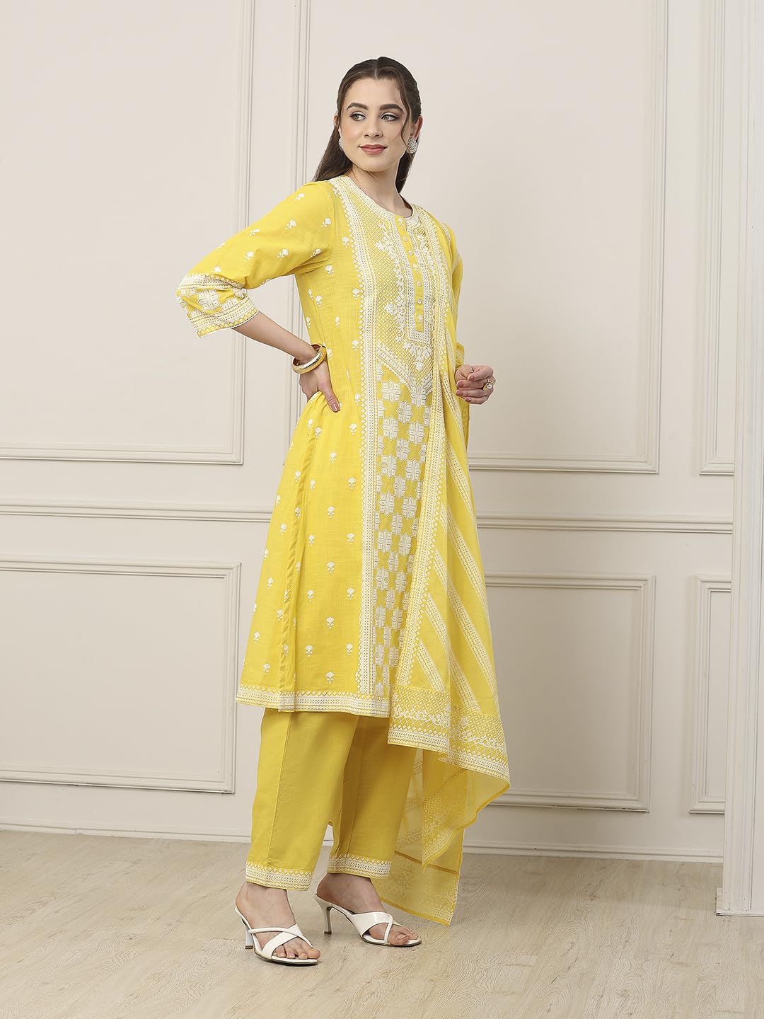 Biba Women Yellow Cotton Straight Suit Set_38