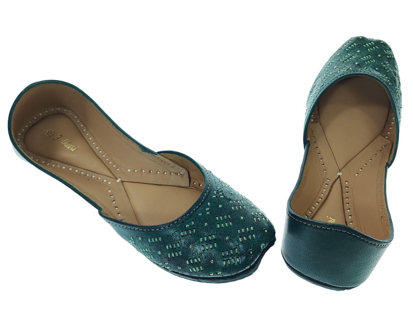 Fulkari Women's 3D Tanka Dark Green Gold Zarriwork Genuine Soft Leather Jutis | Bite and Pinch Free Juttis | Punjabi Jutti | Girl's Office Flat Ladies Mojari | dailywear Ethnic Juti | 36