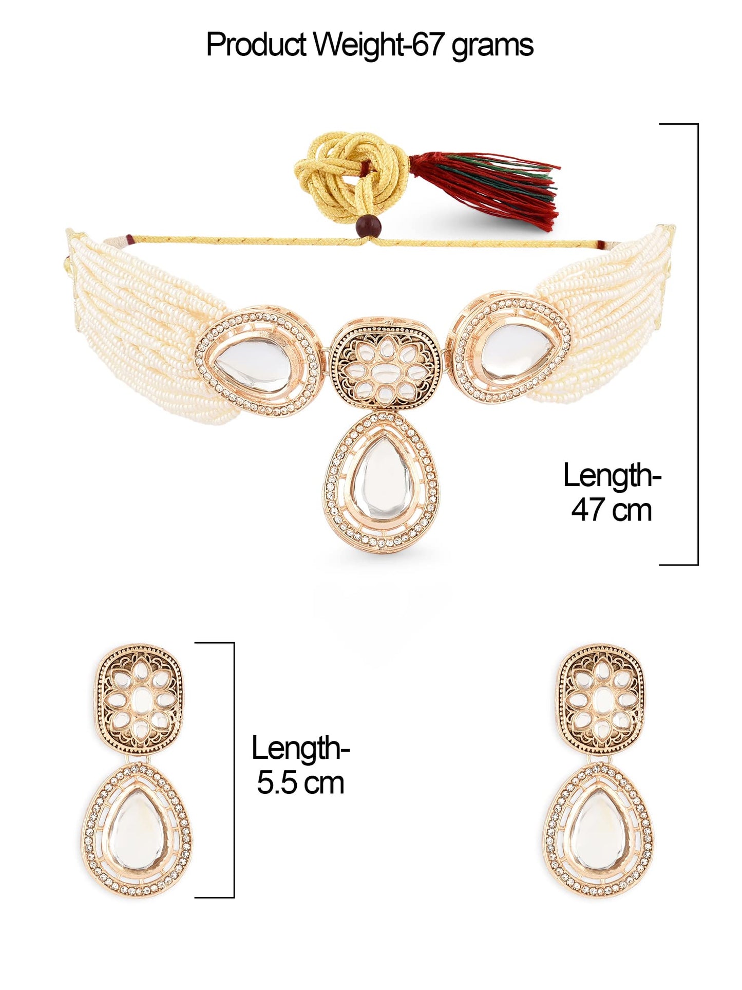 ZAVERI PEARLS Gold Tone Multistrand Beaded Kundan Choker Necklace Earring & Ring Set For Women-ZPFK16078