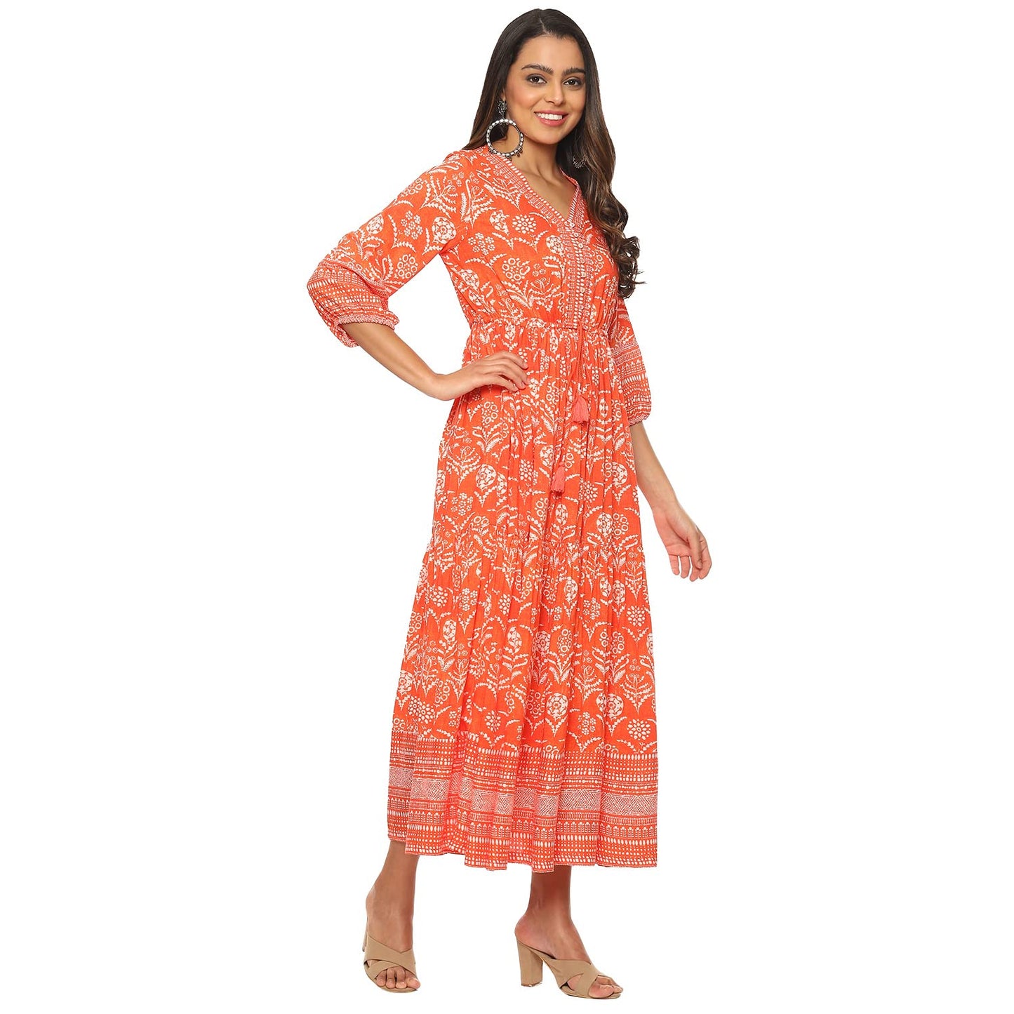 BIBA Women Printed Mix and Match Knee-Length Dress (Casual D1971_Orange_36)