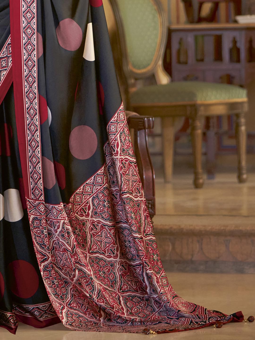 SAREE MALL Women's Ajrkh Print Satin Crepe Polka Dot Printed Saree With Unstitched Blouse Piece(Black_MOHAR101B_HS)