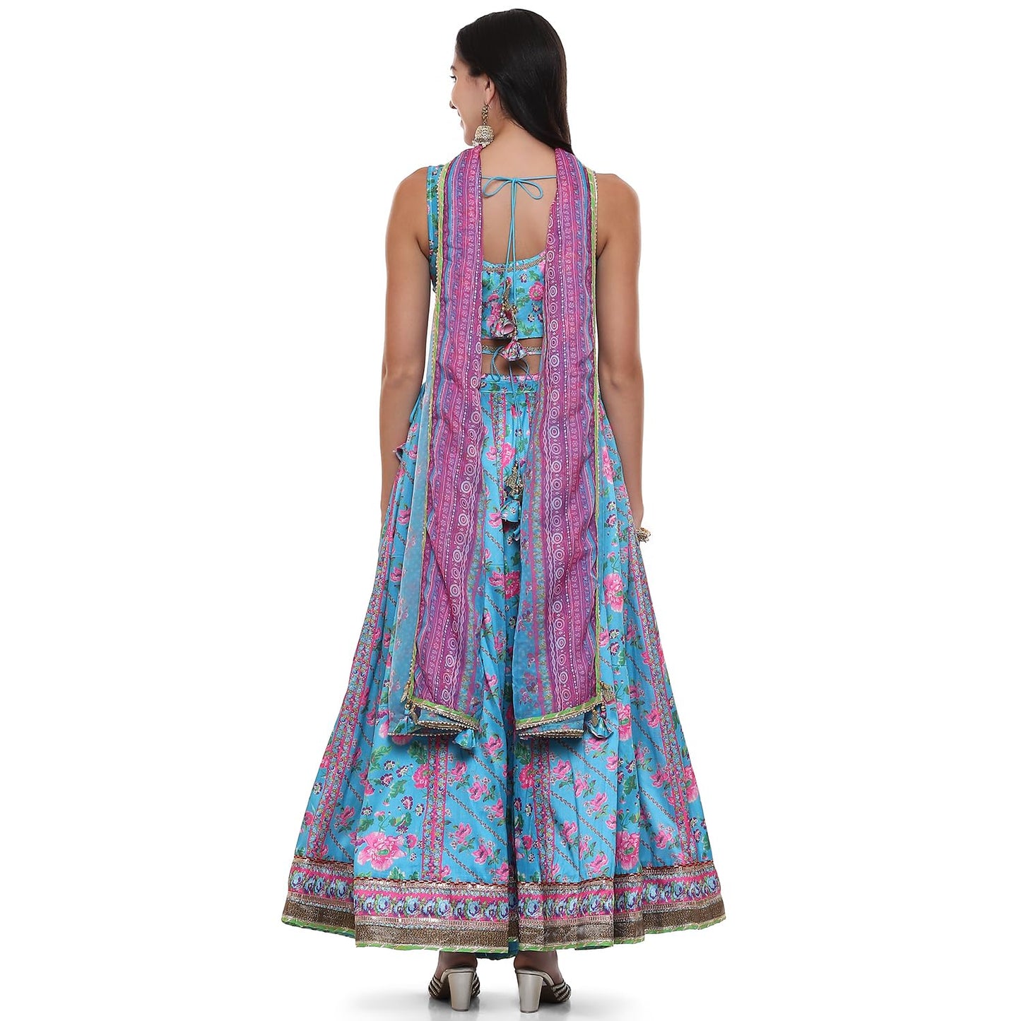 BIBA Womens Polyester Blend Printed Straight Lehenga Set(Skdassorted9040_Turquoise_M) Readymade Turquoise M