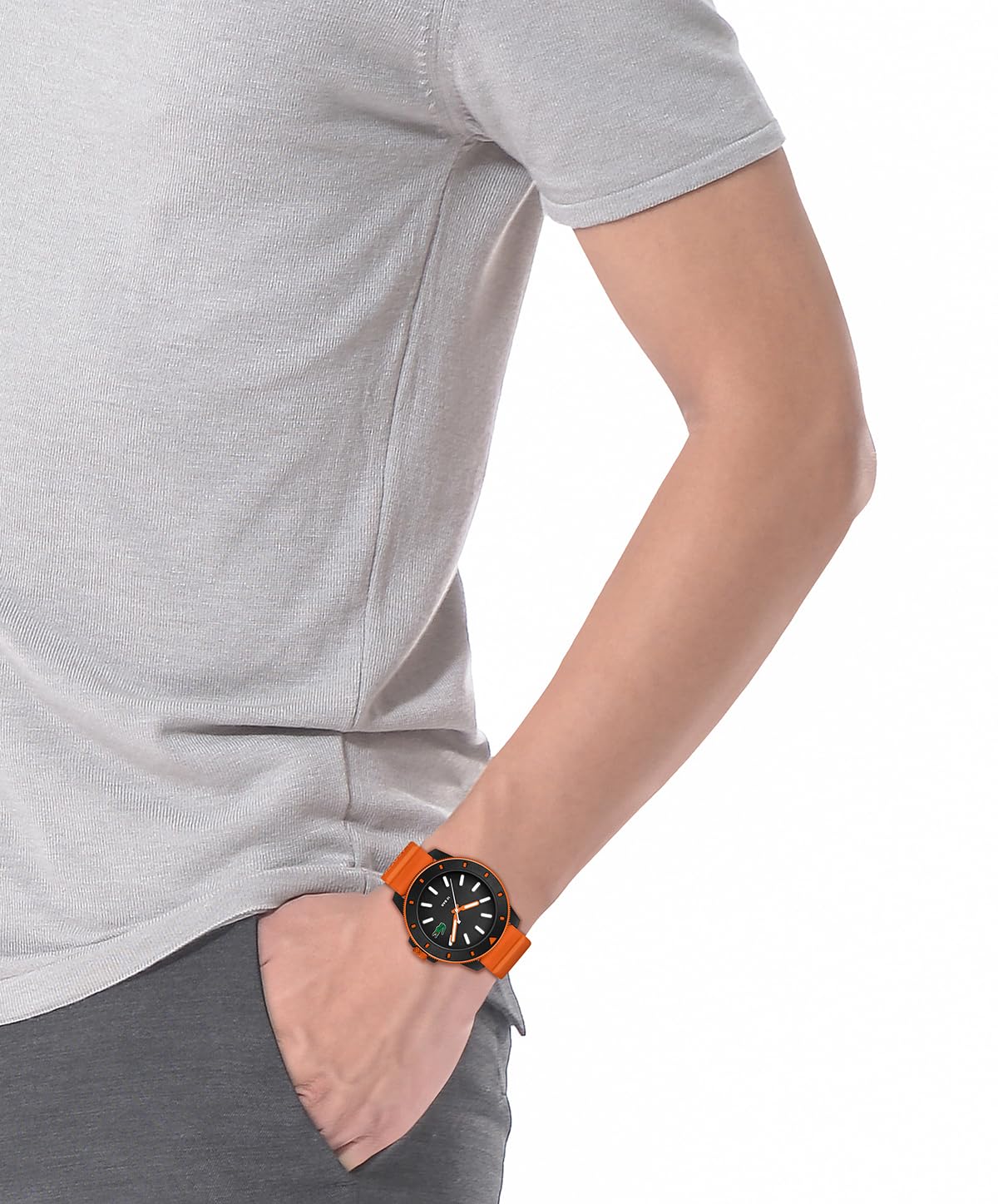 Lacoste Lacoste.12.12 Scuba Qtz Basic Black Round Dial Men's Watch|Orange Silicone Material|Orange Color Band - 2011416