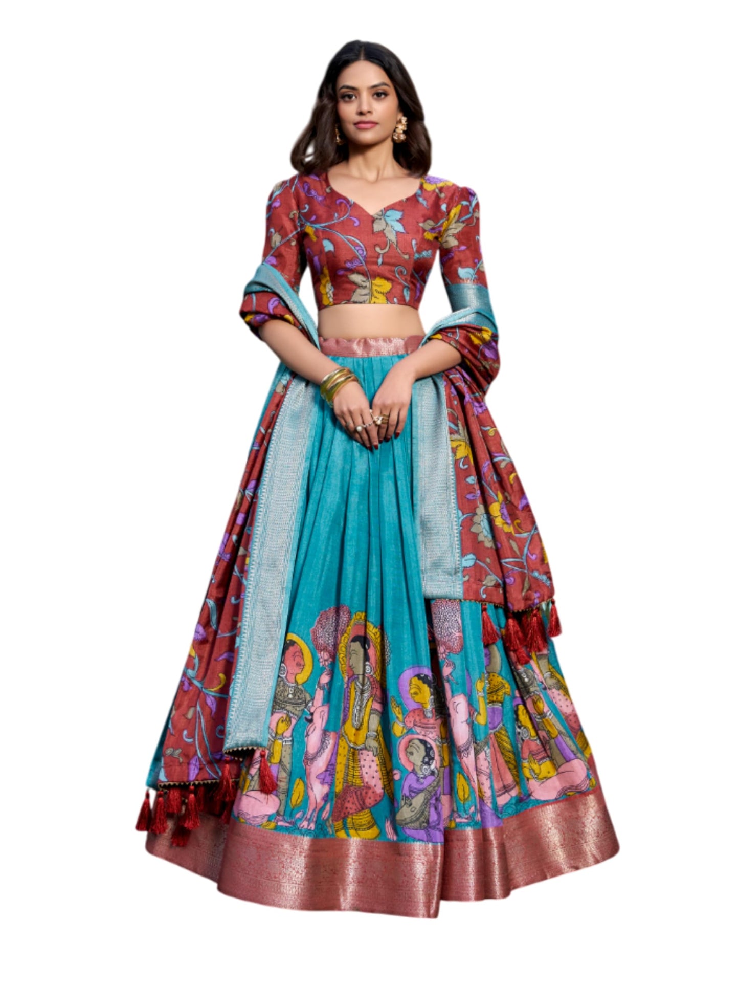 Snazzy Stitch Women's Floral Print With Foil Work Tussar Silk Lehenga Chholi Set (FIROZI)