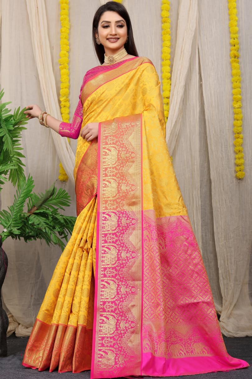 AMIRAT Women Kanchipuram Silk Woven Zari Saree | Kanjeevaram Silk Sari With Contrast Border And Blouse (Yellow)