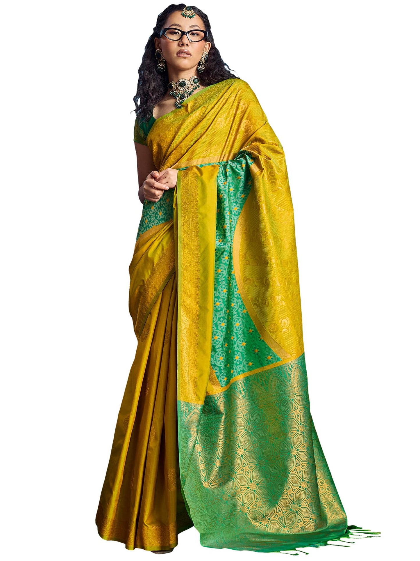 AKHILAM Women's Lemon Yellow Pure Silk Ethnic Motif Print Tassels and Latkans Saree With Unstitched Blouse Piece | saree for woman | Designer Saree for Women