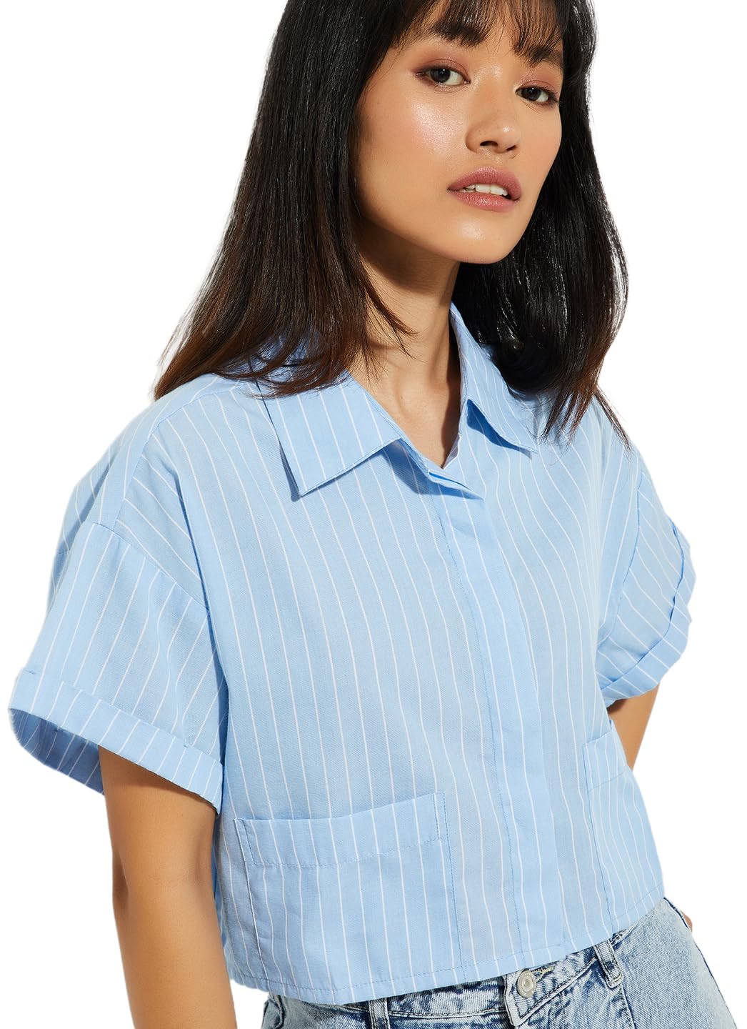 Max URB_N Women Checked Crop Shirt (Blue_M)