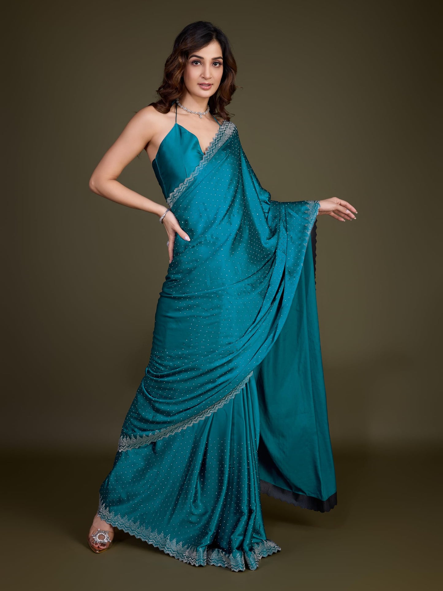 TRENDMALLS Women's Satin Silk Siroski Work Saree with Unstitch Blouse Piece (K1109-Morpeach)