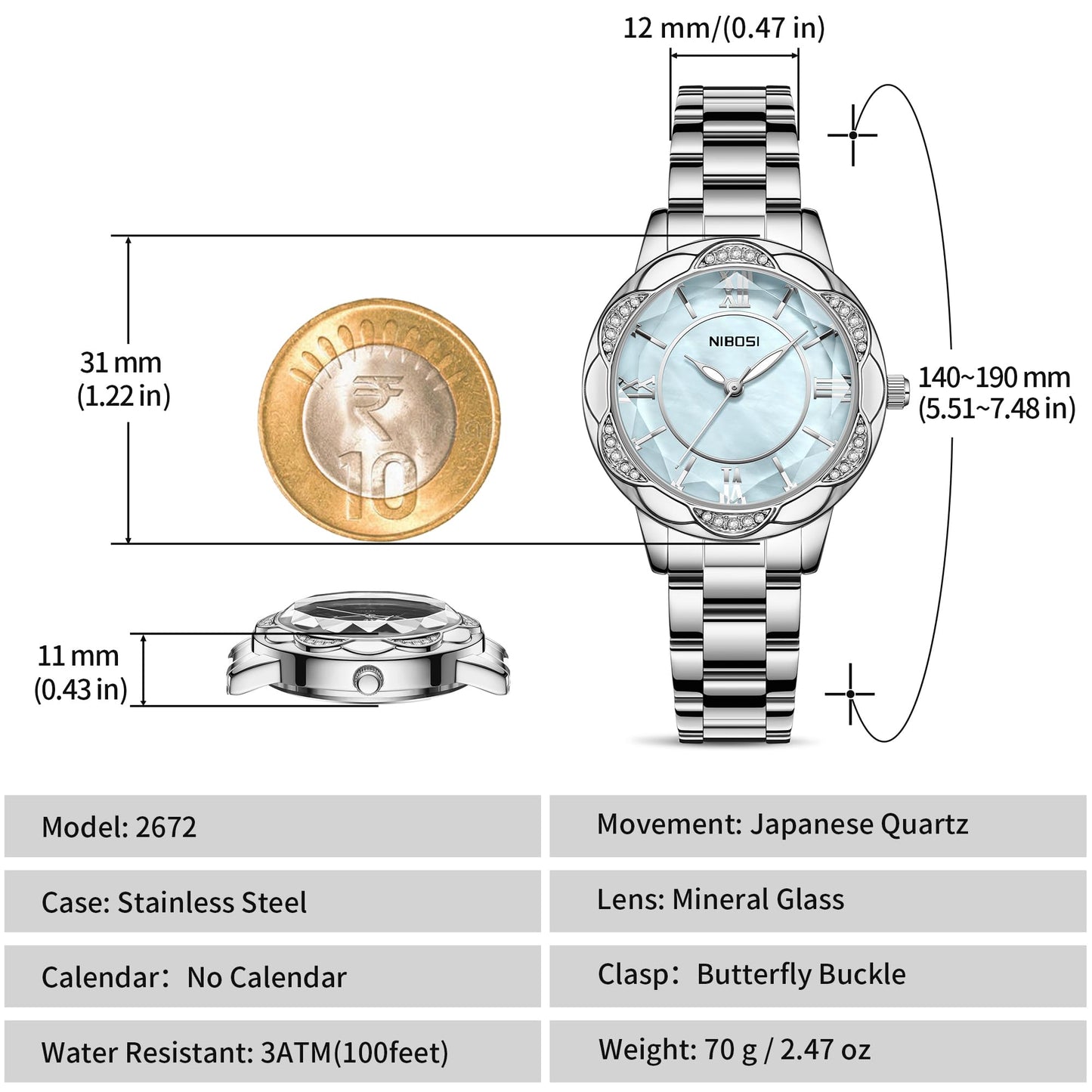 NIBOSI Watches for Woman Analog Quartz Rose Gold Fashion Luxury Ladies Wrist Watch Diamond Stylish Elegant Watches Waterproof (Silver Blue)