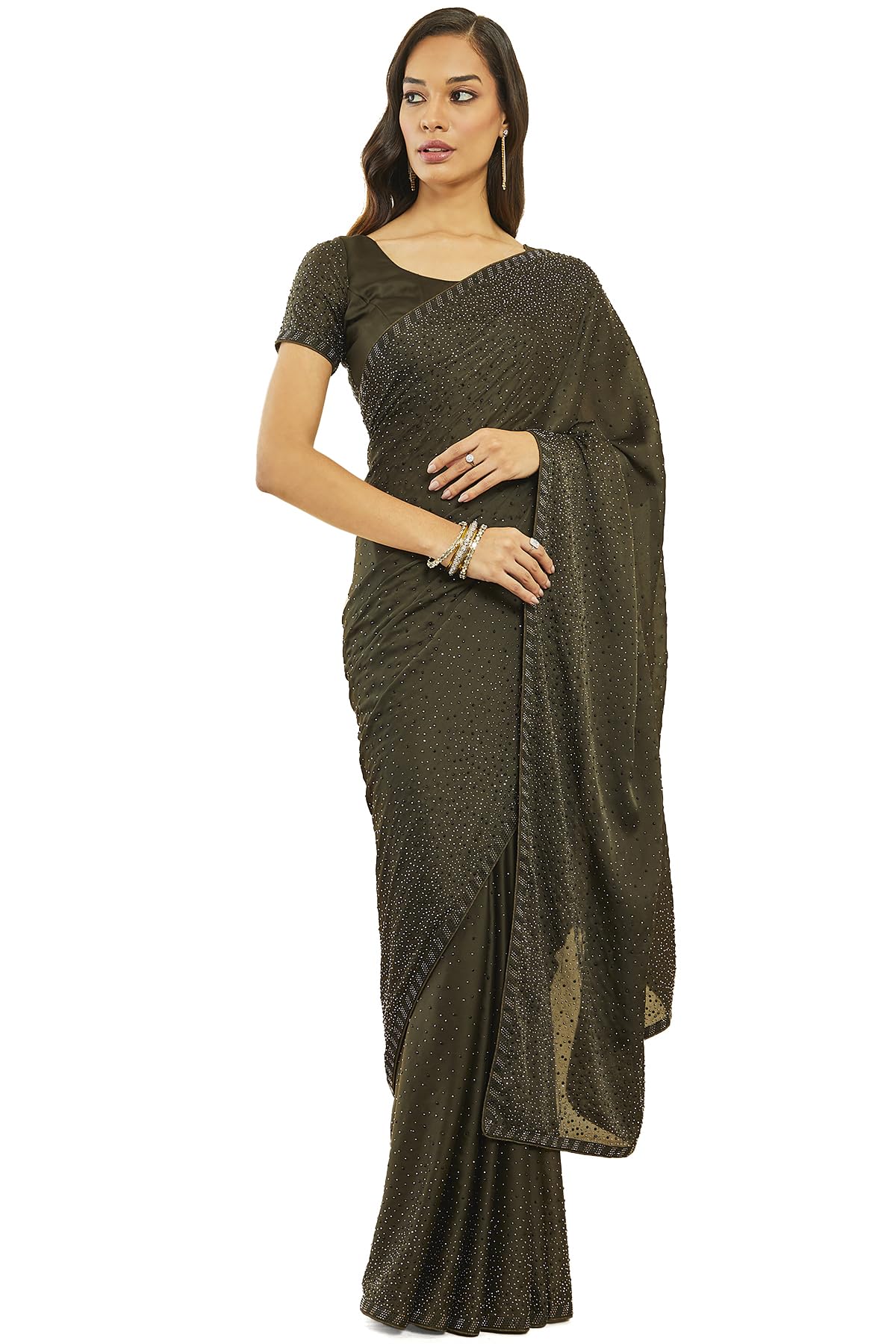 Soch Women Dark Green Pure Crepe Solid Saree