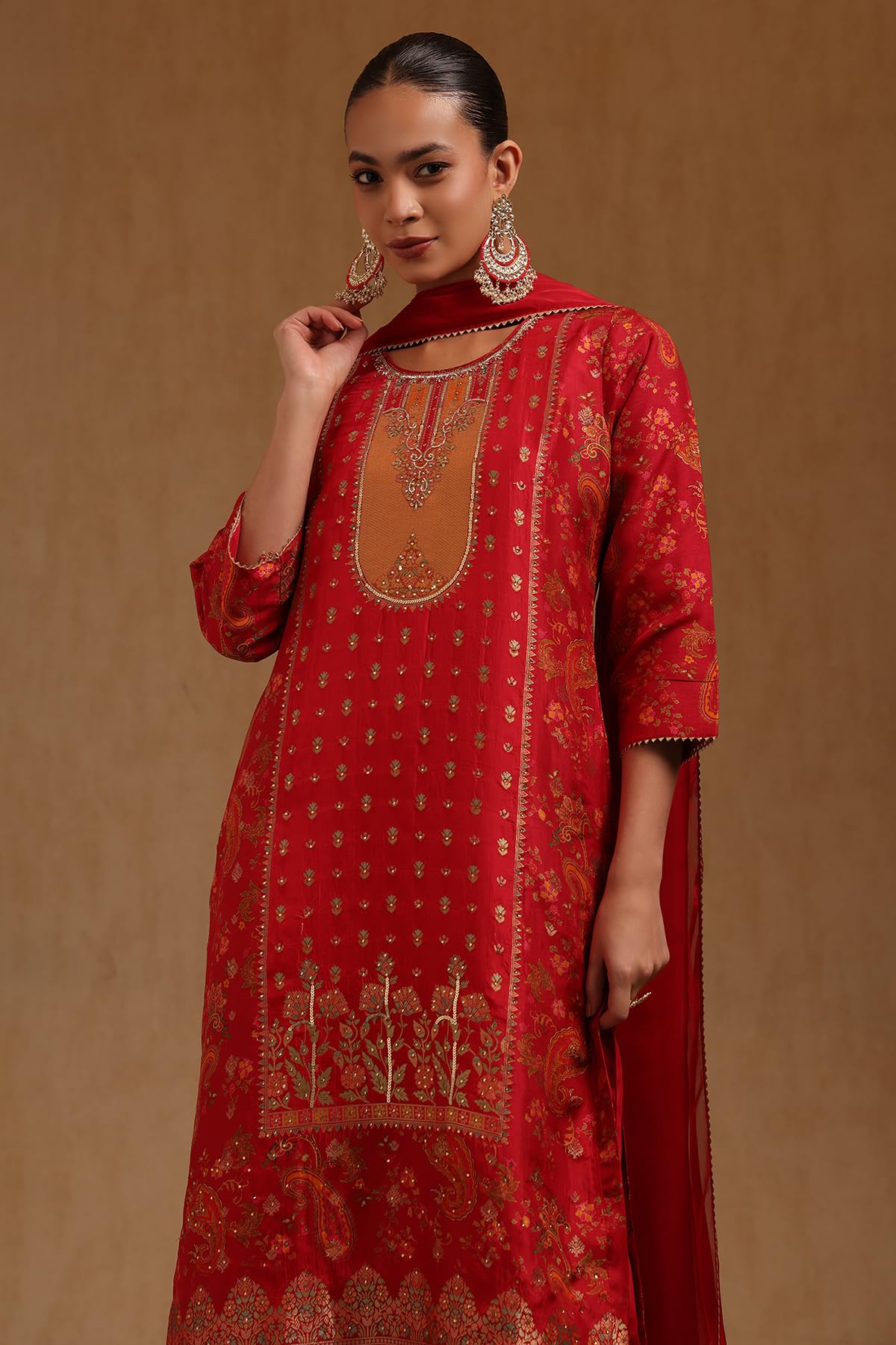 Soch Womens Red Russian Silk Ethnic Motifs Salwar Suit With Cutdana And Stone