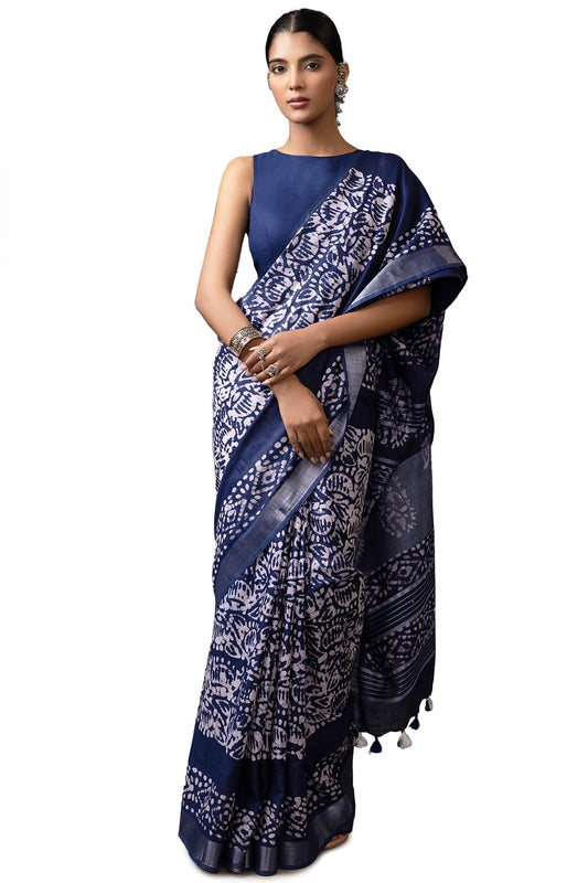 Soch Womens Navy Blue Linen Batik Print Saree With Tassels