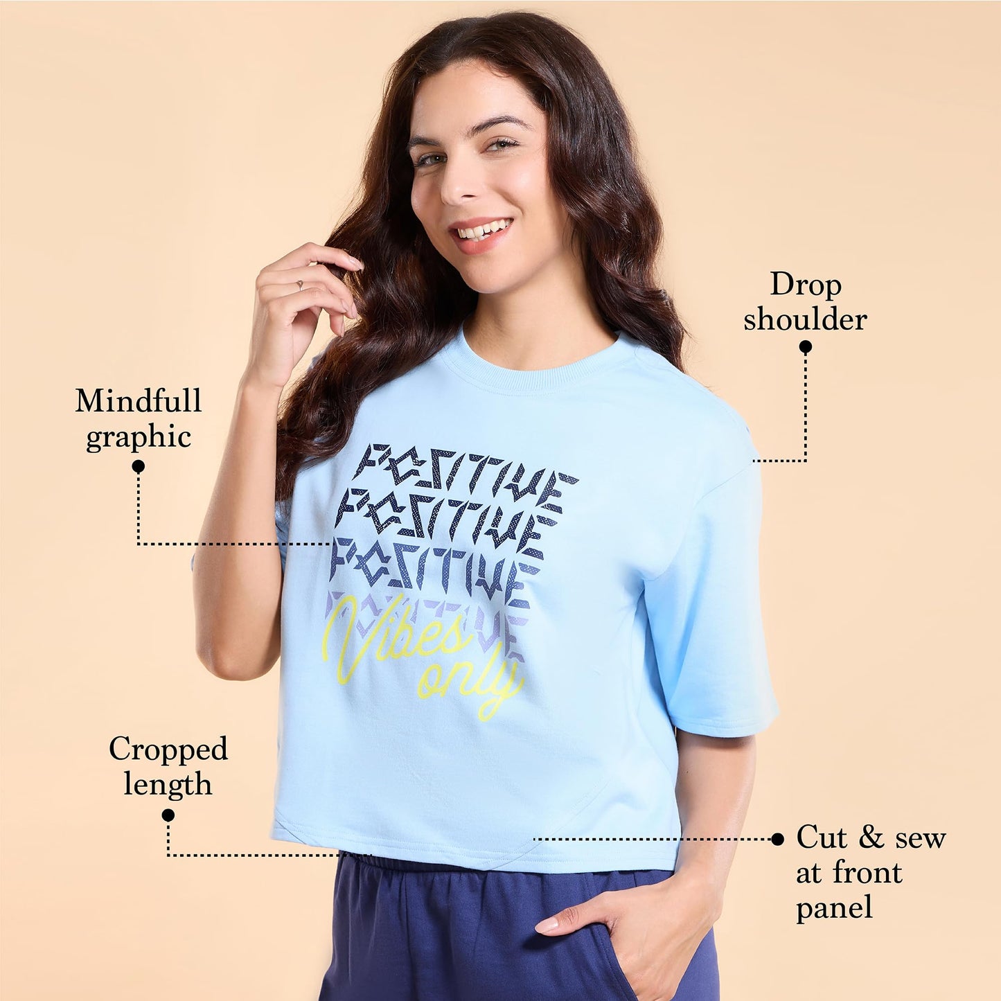 Enamor Women's Letter Print Oversized Fit T-Shirt (E3G4_Blue Bell Positive Vibes Graphic