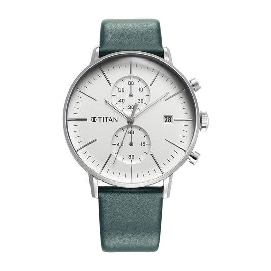Titan Infinity Display Quartz Chronograph with Date Silver Dial Dark Teal Green Leather Strap Watch for Men - NT90146SL01