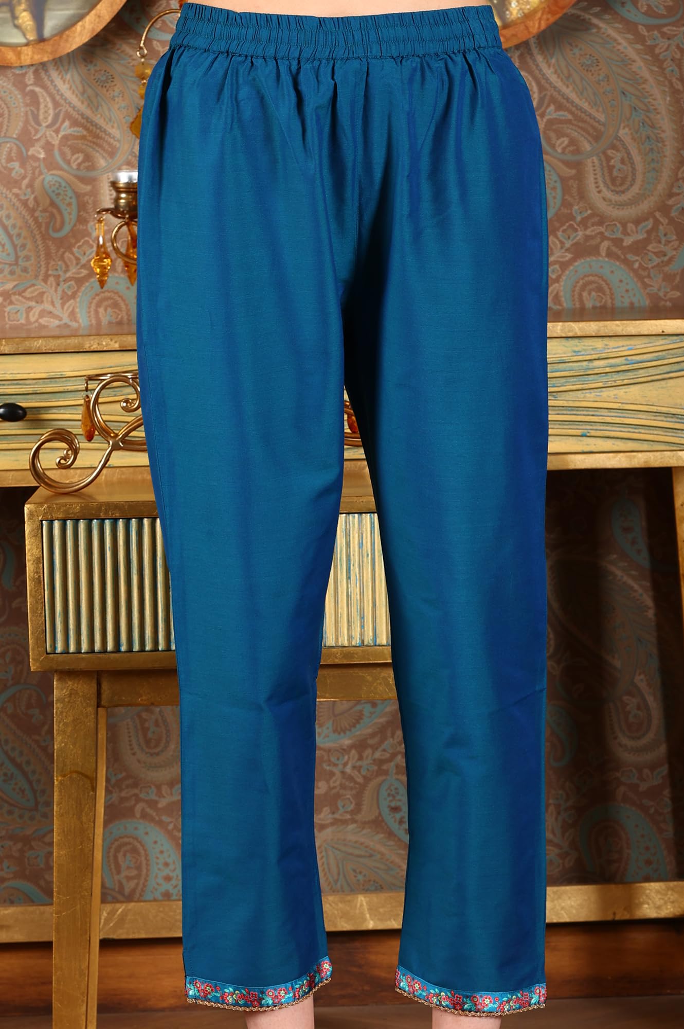 W for Woman Cerulean Blue Floral Printed Japanese Satin Kurta, Pants and Dupatta Set (Size: S)-24AUWS11763-123276