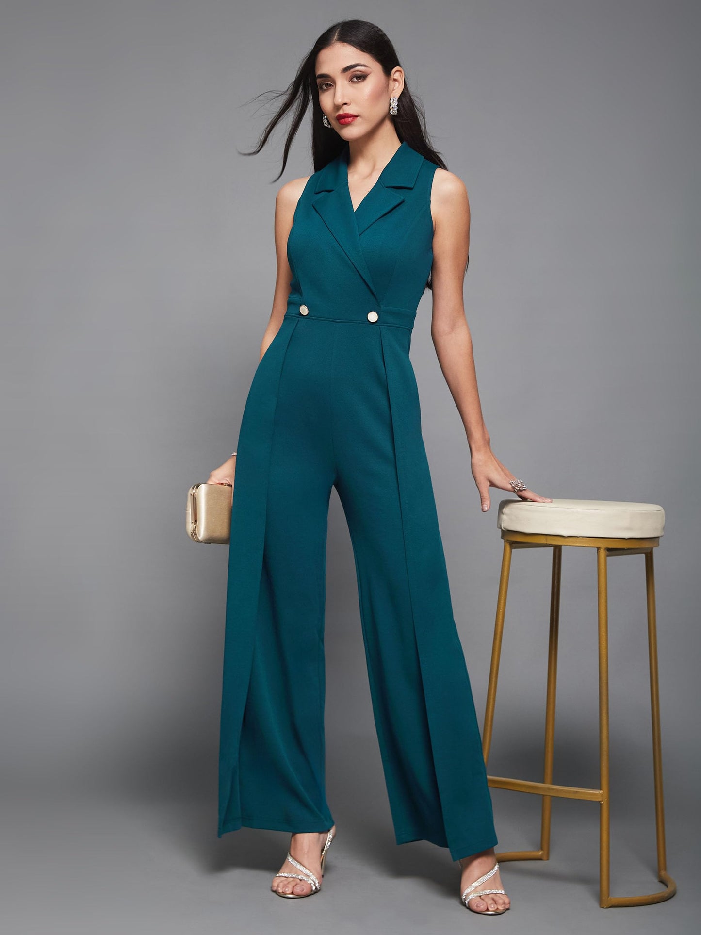 Miss Chase Women's Notched Collar Sleeveless Wrap Regular-Length Jumpsuit (MCSS25D93-84-487-03, Peacock Teal, S)