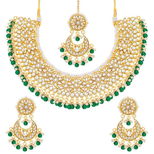 Peora Gold Plated Kundan Choker Necklace Earrings with Maang Tikka Jewellery Set for Women