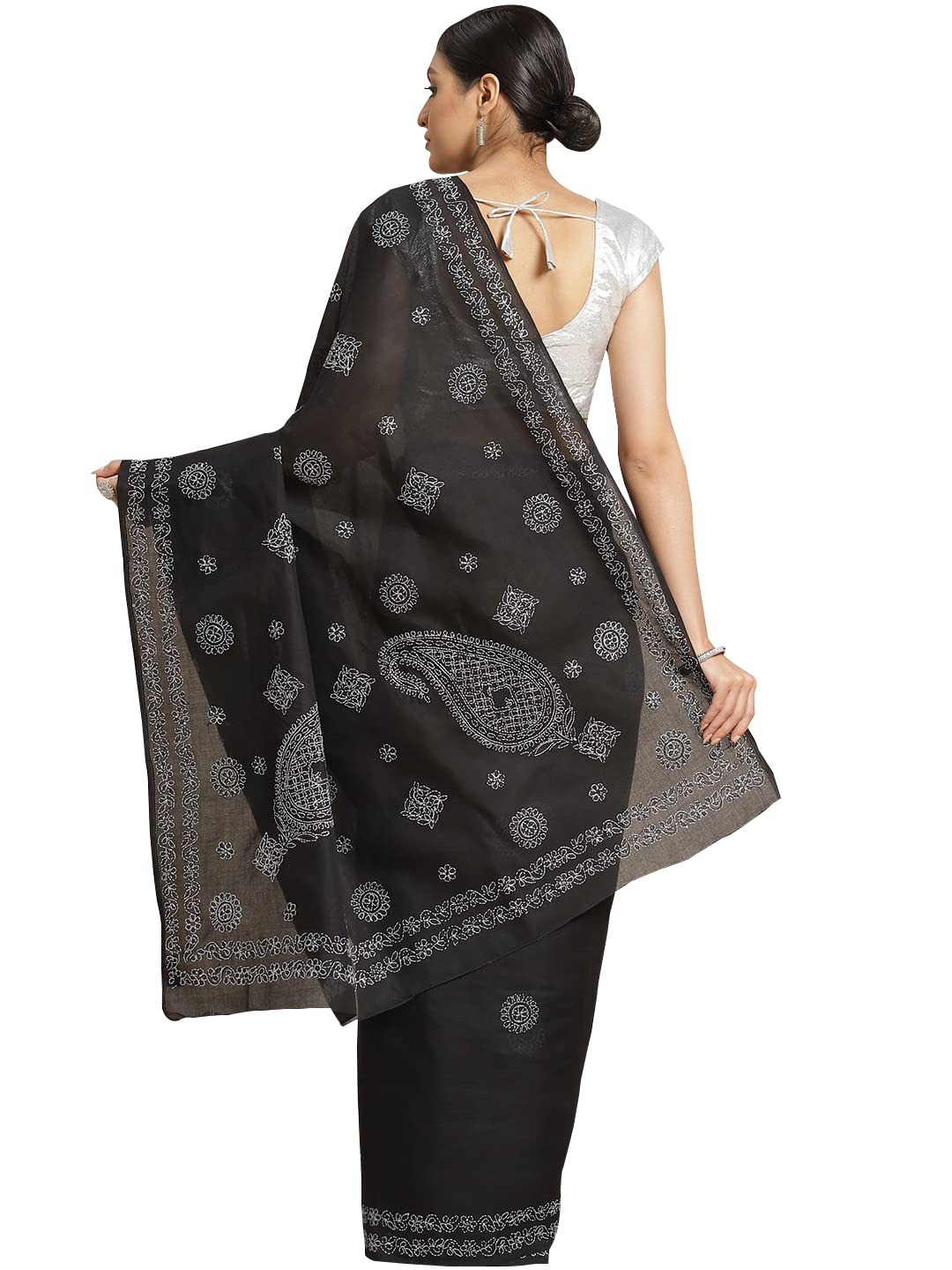 Ada Lucknowi Hand Embroidered Chikankari Women's Cotton Saree with Unstitched Blouse A311180 Black