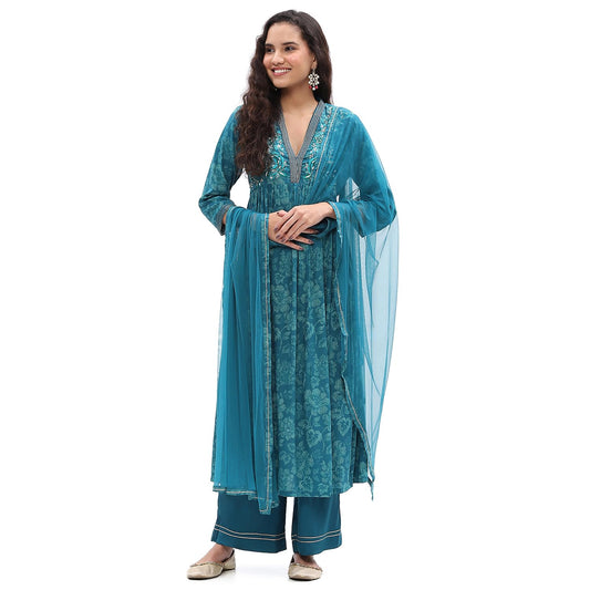 BIBA Women's Rayon Kurta Sets (SKDASRT10215AW24TEL_Teal Blue