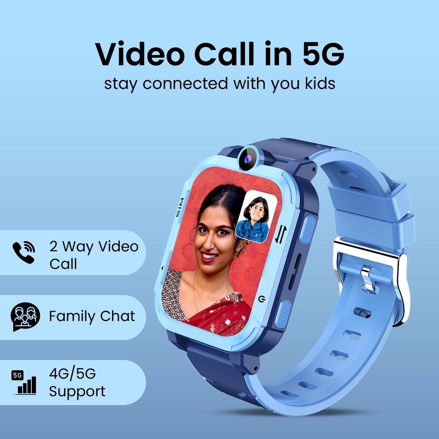 PunnkFunnk Newly Launched Safeguard 5G/4G Kids Smart Watch with SIM Calling, GPS Tracker, Video Call, SOS Alerts, Face Unlock, Games, IP67, 800mAh Battery, Voice Chat, Live Location(Blue)